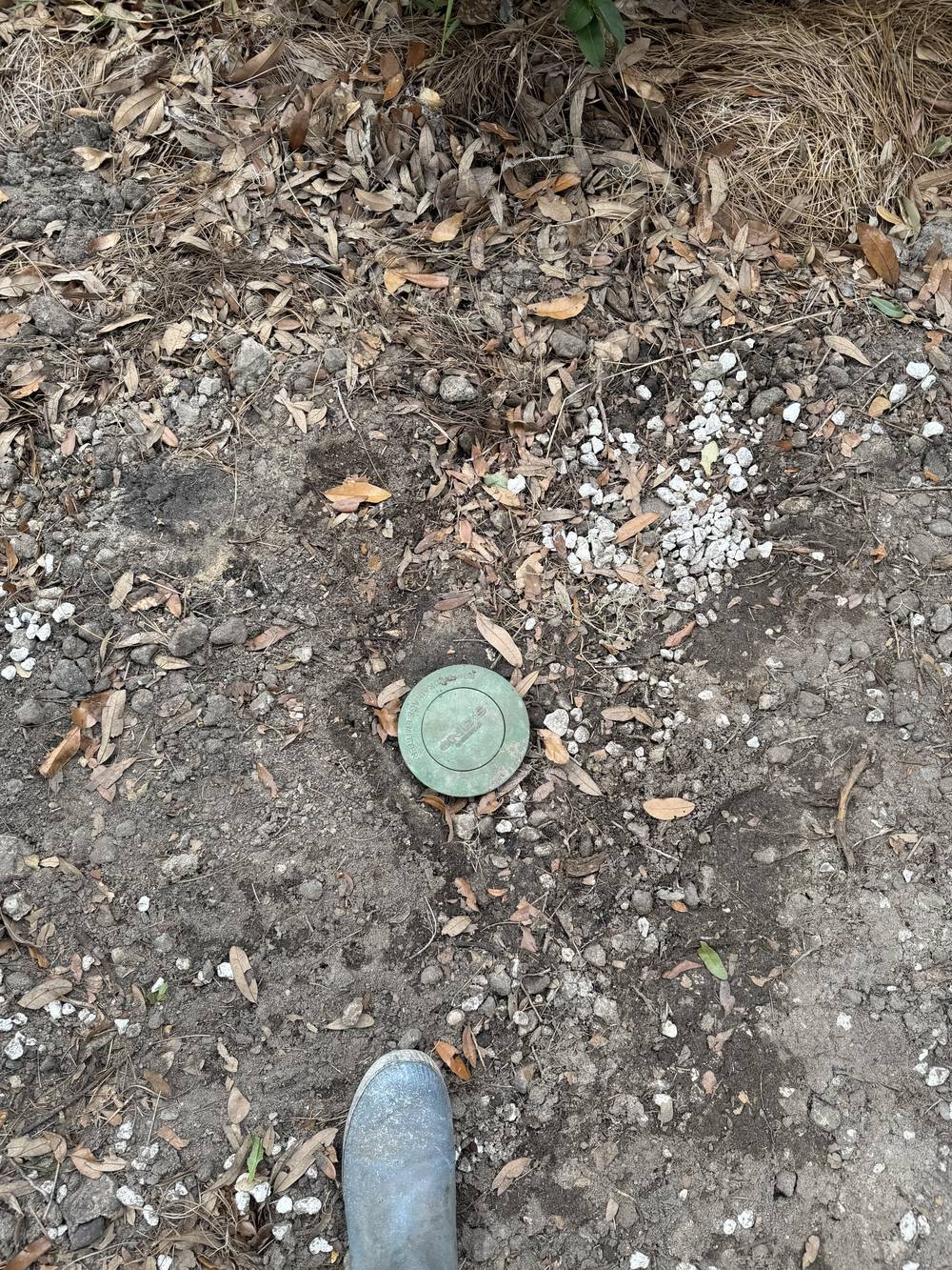 NDS pop-up drainage emitter set flush with the soil at the end of a drain line